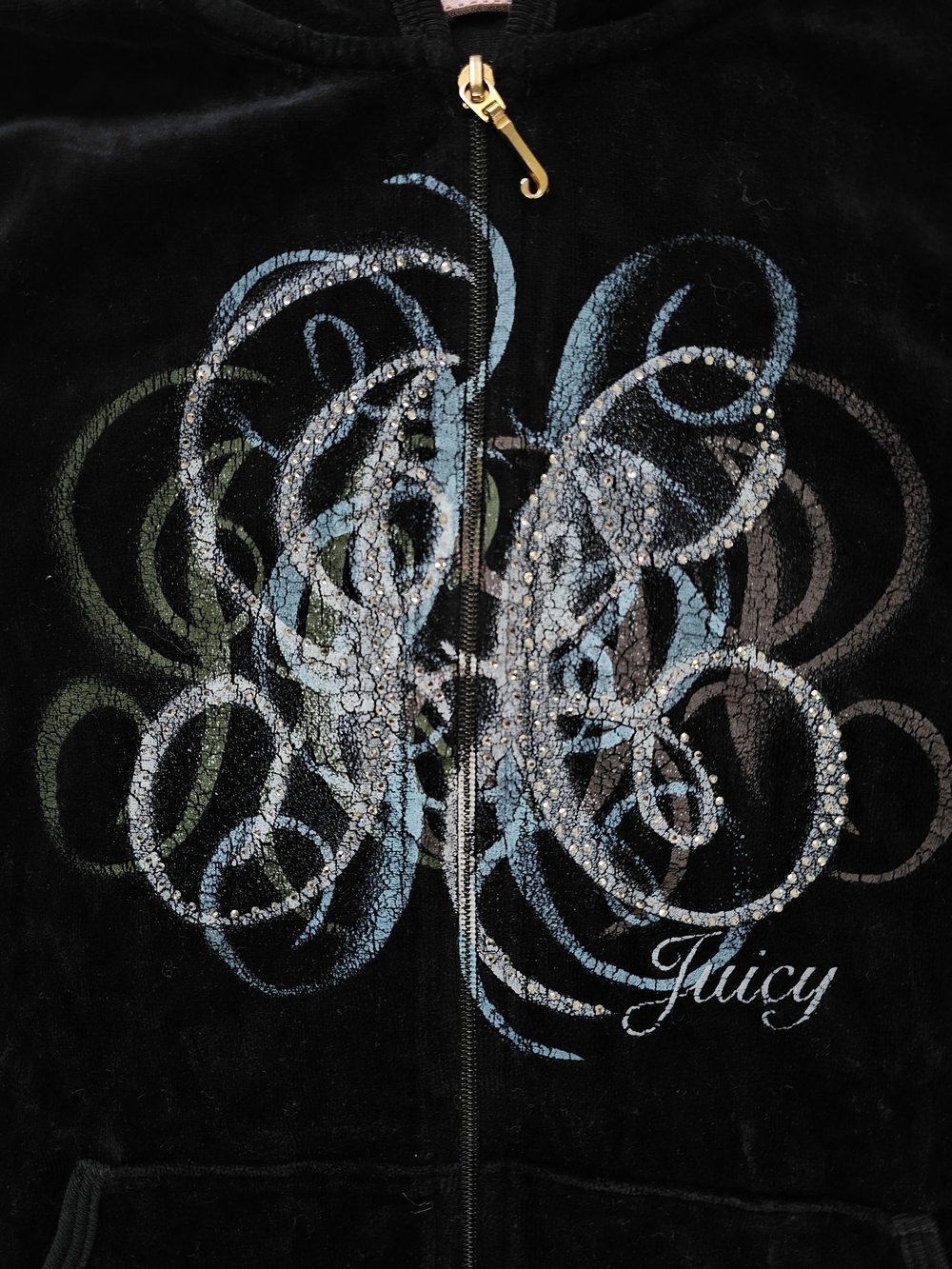 Juicy Couture Y2K Black Velour Zip-Up Hoodie with Multicolor Swirl Embellish - Picture 5 of 7